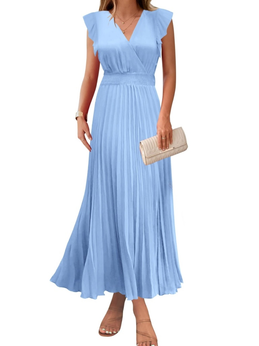 KIRUNDO Medium Maxi Dress Elegant V Neck Ruffle Flutter Sleev Empire Waist Blue